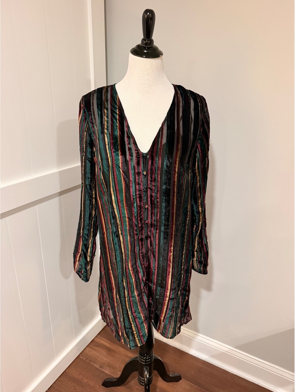Leith Velvet Striped Long Sleeve Dress with Lining Size L